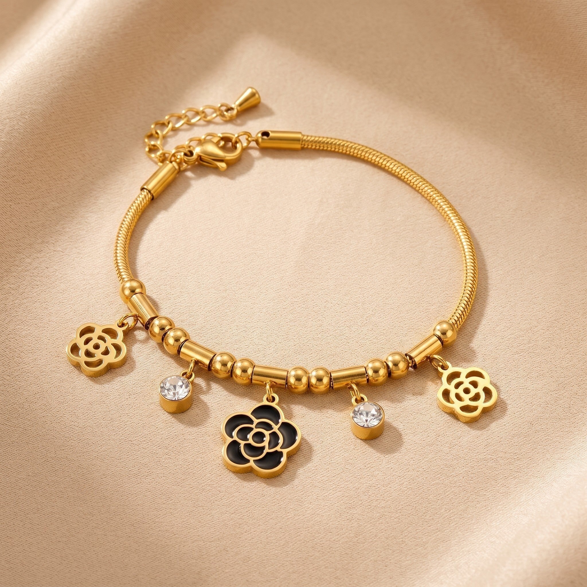Złota Kraków gold-plated surgical steel bracelet with black rose and crystal charms, 17cm + 3cm adjustable
