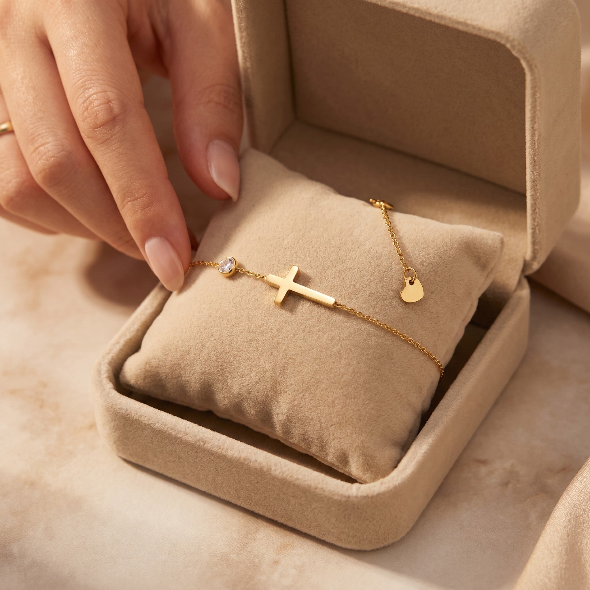 Złota Kraków classic gold-plated stainless steel bracelet with a cross charm and a small heart accent.