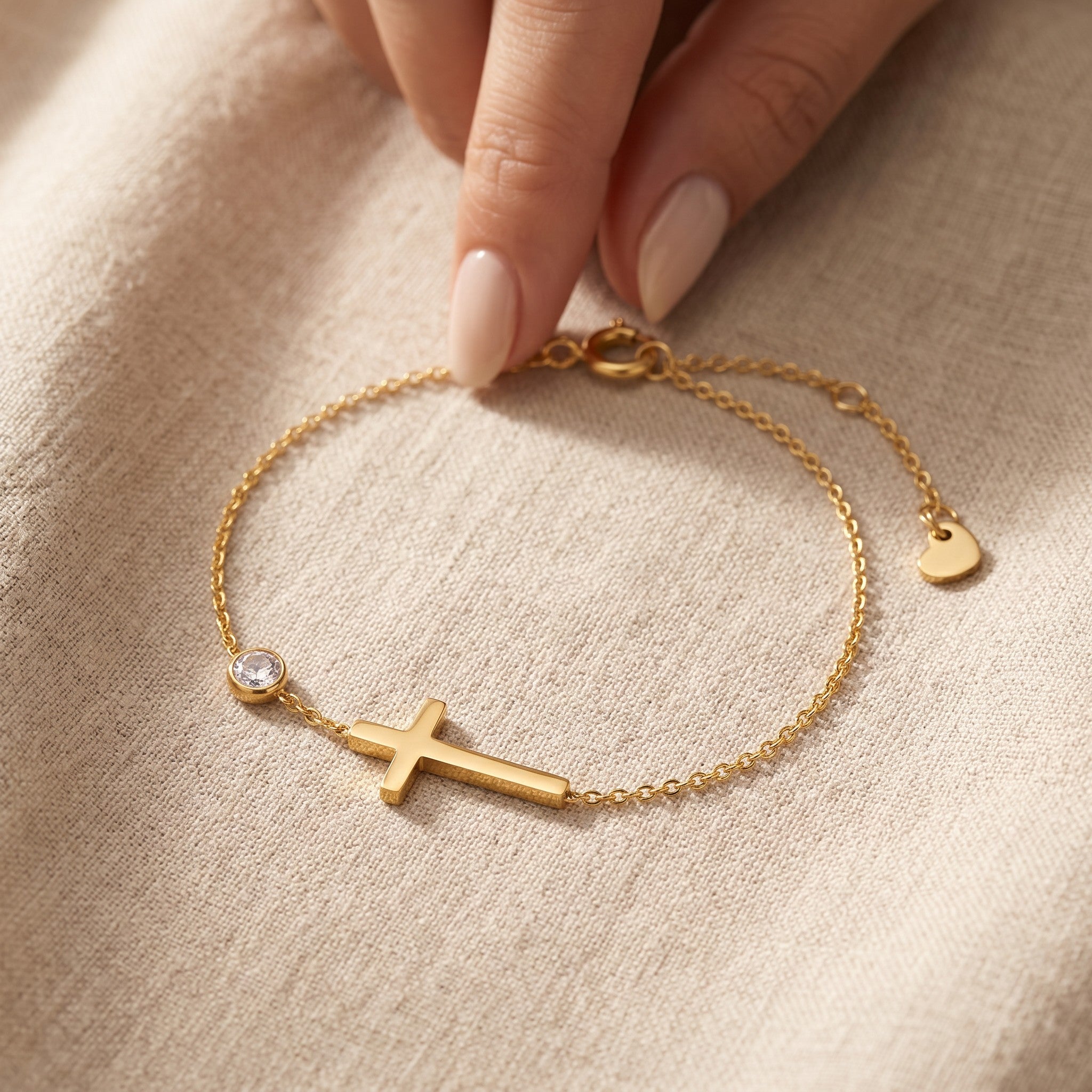 Złota Kraków classic gold-plated surgical steel bracelet with a cross charm and a clear crystal accent.