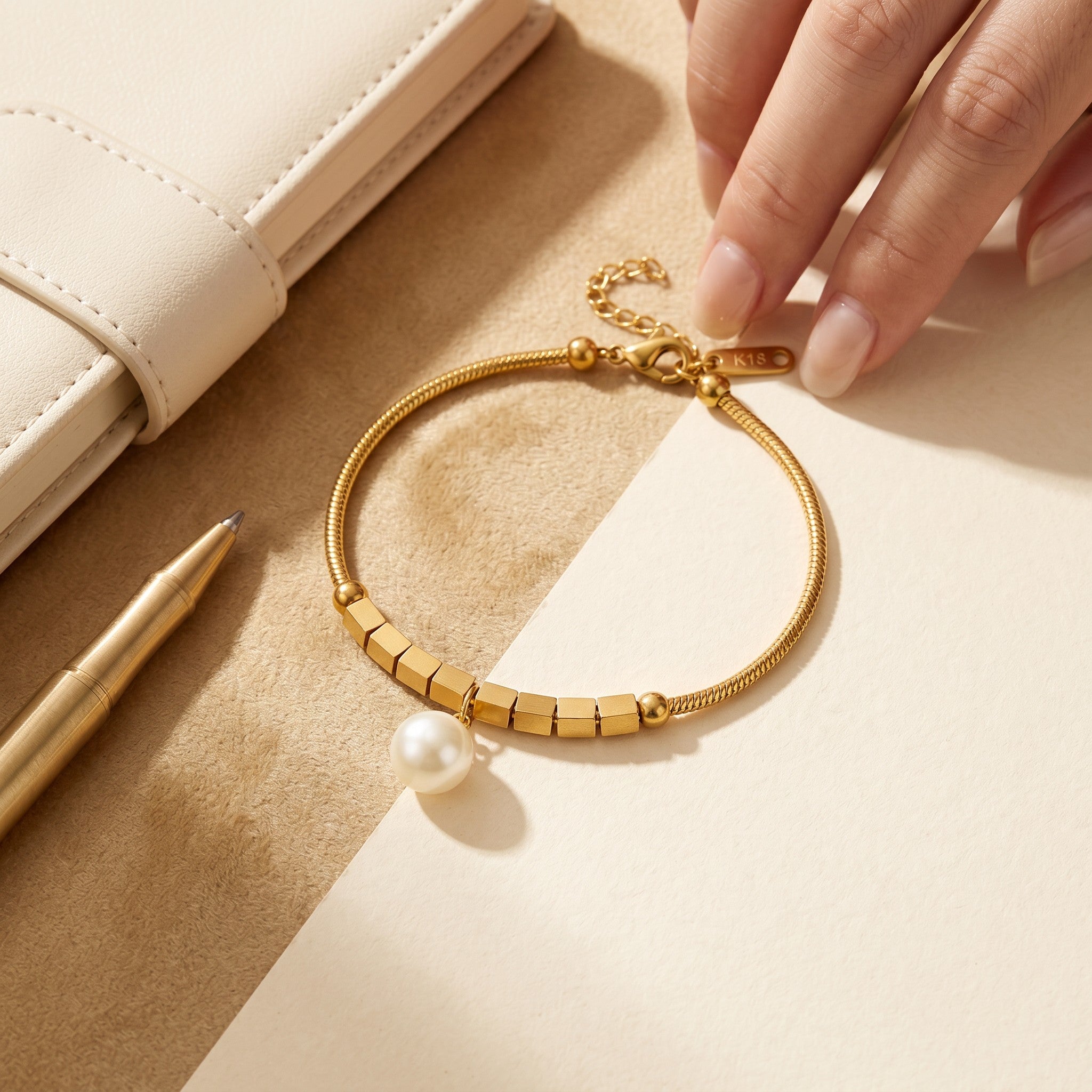 Złota Kraków gold-plated surgical steel bracelet with synthetic pearl and cube details. Adjustable length.