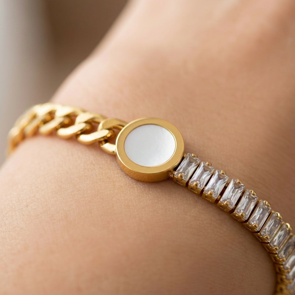 Złota Kraków gold-plated surgical steel bracelet with a white opal center and baguette-cut crystals.