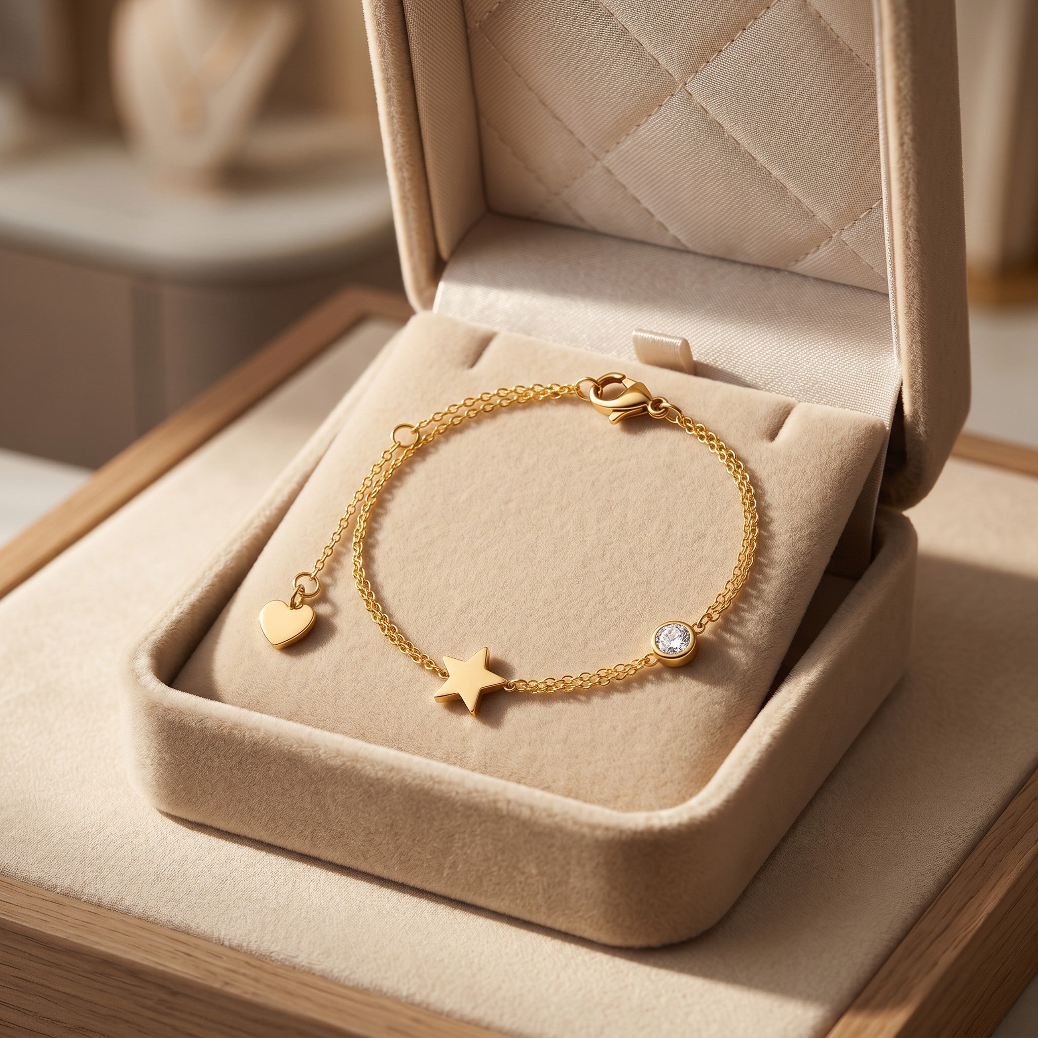 Złota Kraków gold-plated surgical steel bracelet with star, heart charms, and clear crystal accent.